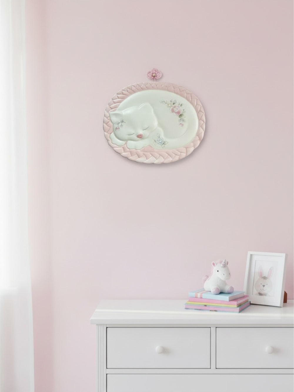 vtg PFALTZGRAFF Sleeping Kitten Wall Plaque Flowers Pink Off White